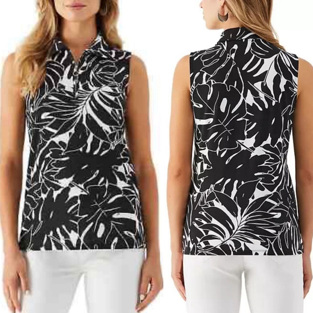 Rafaella Black‎ & White Tropical Leaf Print Zip-Front Sleeveless Top XXL